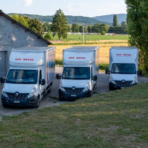 Camions BGS Swiss floqués avec marquage frontal et adhésifs latéraux visibles.