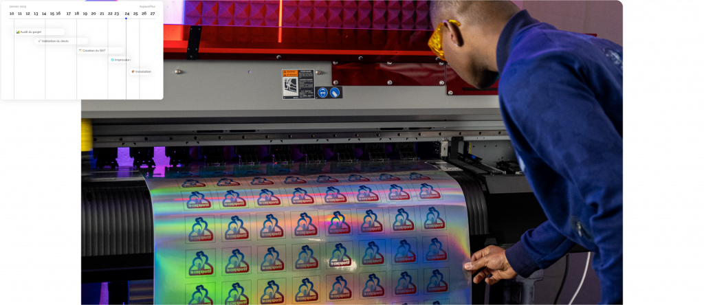 Impression numérique UV : Production d'autocollants personnalisés, finitions et découpe à la forme.