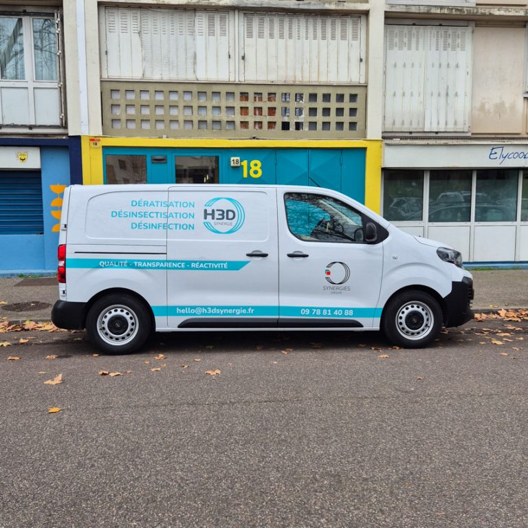 Marquage utilitaire Hygiène 3D à Lyon : covering bleu Synergie Groupe pour dératisation désinsectisation désinfection